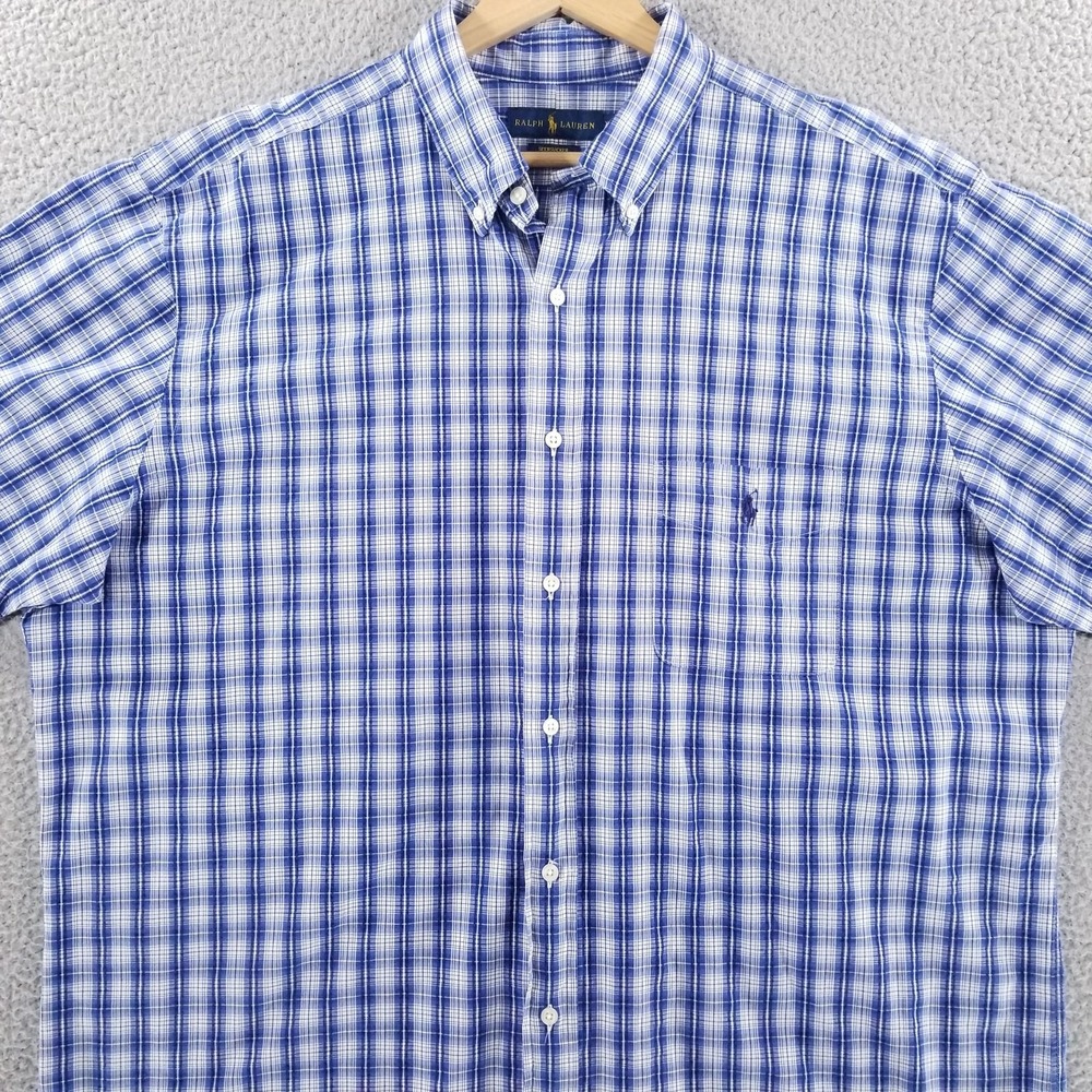 Ralph Lauren Shirt Mens XLT Blue Plaid Seersucker Short Sleeve Button Down Pony